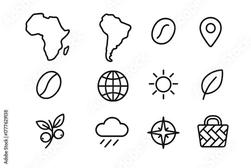 Global Coffee Origins Icons. Coffee origins by continent. Line outline icon set of coffee origins by continent