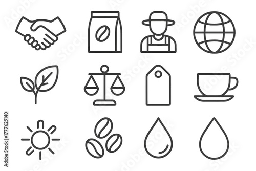 Fair Trade Coffee Icons. Fair trade coffee production. Line outline icon set of fair trade coffee production: