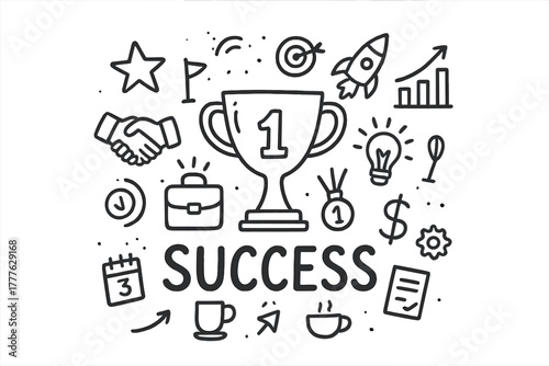Success Doodle Montage. Success. Hand-drawn doodle illustration of Success. In the middle, one slightly larger