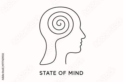 Mind Spiral Sketch. “State of Mind”. Minimalistic one-line drawing of a human head with a spiral inside