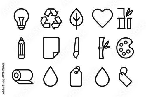 Sustainable Creativity Icons. Sustainable creativity. Line outline icon set of sustainable creativity: light