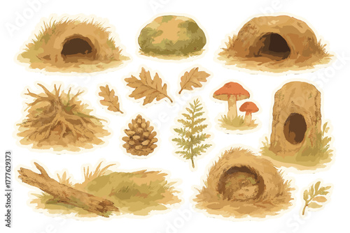 Woodland Burrow Stickers. Woodland Burrows. Realistic hand-painted watercolor style sticker sheet of woodland