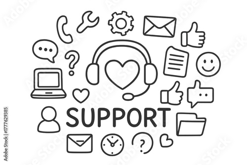 Support Doodle Icons. Support. Hand-drawn doodle illustration of Support. In the middle, one slightly larger