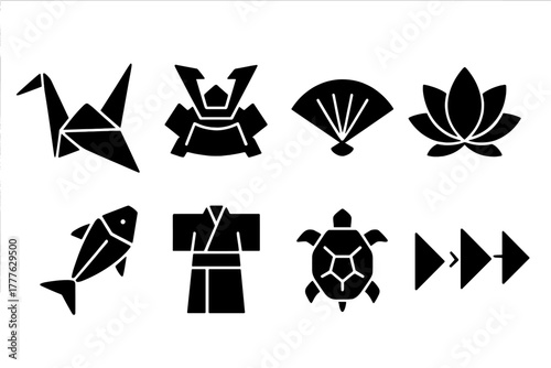 Japanese Origami Icons. Japanese Origami. Filled icon set of Japanese Origami: origami crane, samurai helmet,