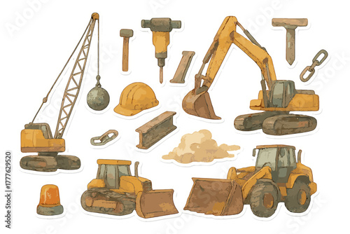 Demolition Watercolor Stickers. Demolition Equipment. Realistic hand-painted watercolor style sticker sheet of