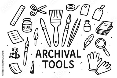 Archival Tools Doodle. Archival Tools. Hand-drawn doodle illustration of Archival Tools. In the middle, one
