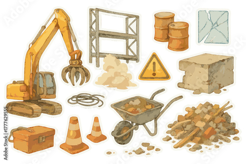 Industrial Demolition Stickers. Industrial Demolition. Realistic hand-painted watercolor style sticker sheet