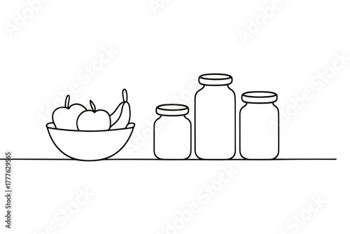 Minimalist Kitchen Counter. Kitchen Counter. Minimalistic one-line drawing neatly arranged jars beside a bowl