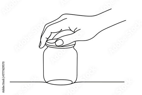Minimalist Jar Sealing. Preservation. Minimalistic one-line drawing hand sealing jar lid tightly, continuous