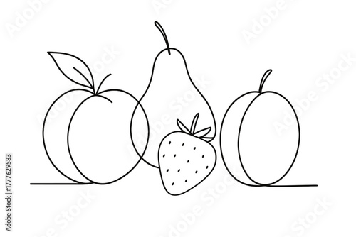 Minimalist Fruit Line Art. Fruit Variety. Minimalistic one-line drawing different fruits—peach, pear, berry,