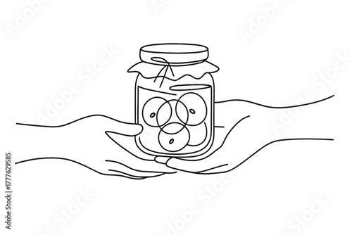 Hands Sharing Fruit. Sharing Joy. Minimalistic one-line drawing two hands exchanging a jar of homemade canned