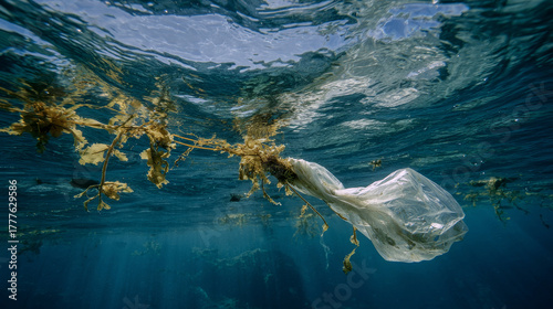 A plastic bag tangled with seaweed floating in ocean water, showing marine pollution and plastic waste harming sea life and the environment, calling for ocean conservation