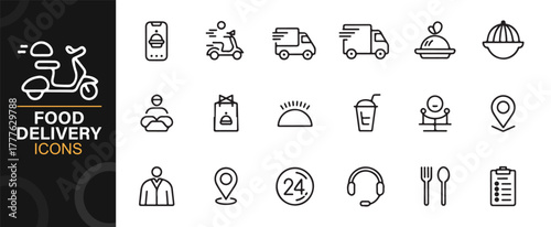 Minimal line icons of delivery scooters, food boxes, and restaurant logistics