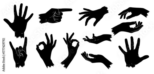 Stylized vector set of black hand silhouette gestures featuring various expressive poses and signs, perfect for logo design, posters, t-shirts, and creative graphic projects.