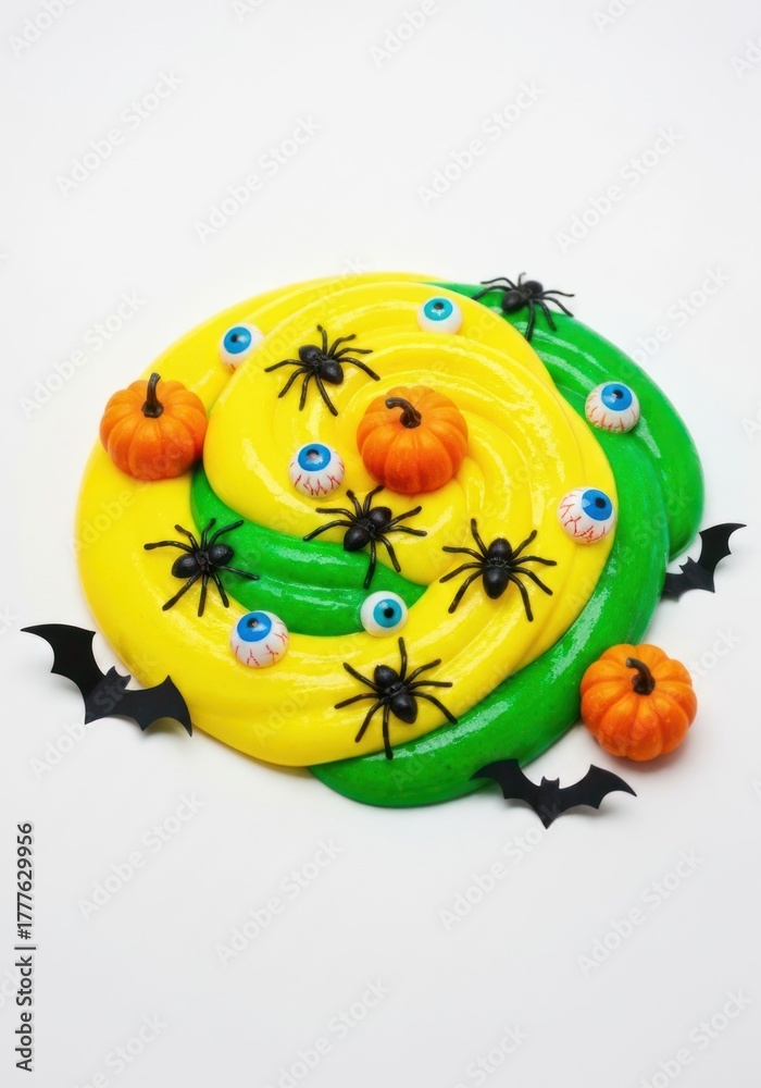 Obraz premium Vibrant yellow and green slime decorated with spooky Halloween items