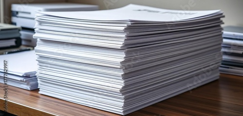 Neatly stacked reams of white printer paper on a desk, new, blank