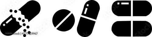 Various pills and capsules, some open and some closed, Silhouette Vector