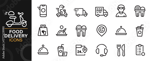 Modern vector icons of food delivery and restaurant service in minimal line art