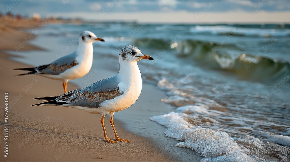 Obraz premium Two seagulls are standing on the beach, one of which is looking out at the ocean. The beach is sandy and the water is calm. The seagulls seem to be enjoying the peaceful atmosphere