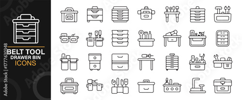 Industrial line art icons of storage bins and belt tool drawers for workspace design