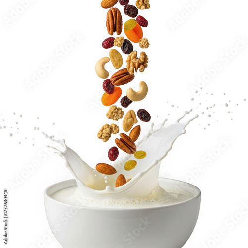 3d mixed nuts falling into milk splash isolated on transparent background