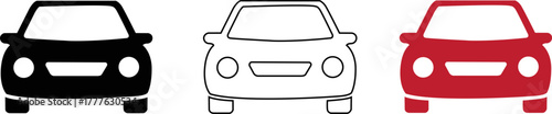 Three car icons in black, white outline, and red silhouette vector