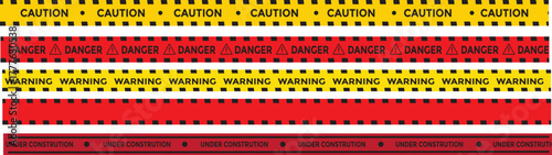 Yellow and black danger tape set with skull symbols for safety hazard zones roads and construction. under construction, caution, Warning zone, danger tapes. Caution tape set of warning ribbons on tran