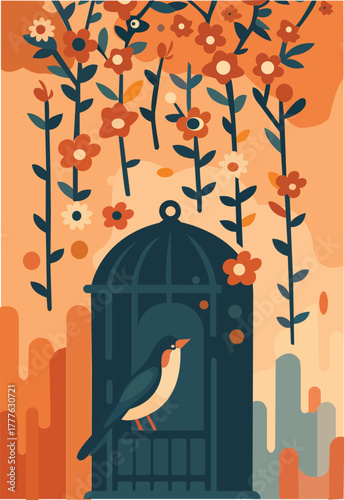 bird on cage with orange flowers illustration