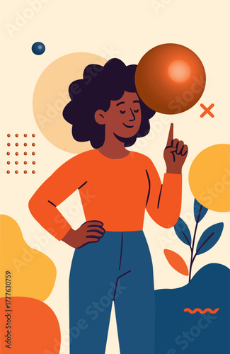 Woman Balancing Ball Vector Illustration with Abstract Background