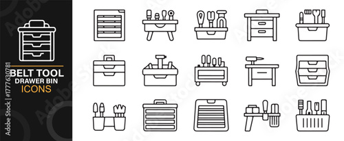 Vector icon set of tool cabinets and garage storage drawers in outline style