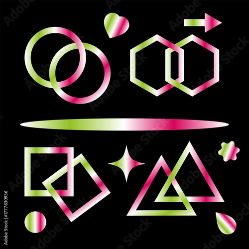 Artistic set of neon-outlined icons and symbols in  pink-green gradient style,  black background