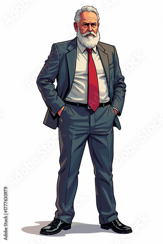 Elderly man with a beard dressed in a formal suit and standing confidently