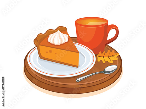 Piece of pumpkin pie and cup of tea vector illustration. A slice of pumpkin pie on a plate icon isolated on a white background. Autumn decoration with cake and hot drink on a wooden tray drawing