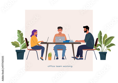 Flat vector illustration of diverse office team working together on a project