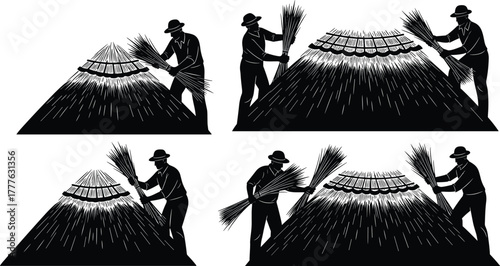 Silhouette vector illustration of farmer stacking wheat bundles, traditional agriculture, harvest process, rural labor, manual work, farming, storage, and industry