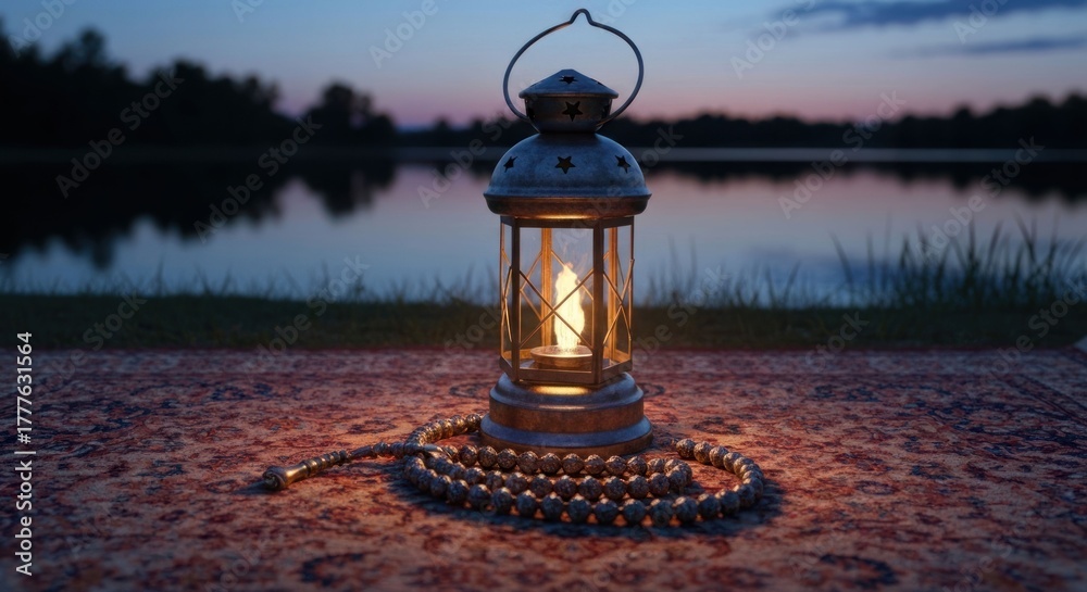 Obraz premium Lit antique lantern, prayer beads, patterned rug by lake at dusk