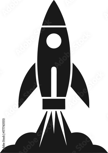 New product launch rocket  silhouette vector icon , black and white , white background