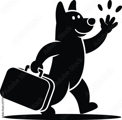 A happy black dog with a suitcase is cheerfully waving goodbye