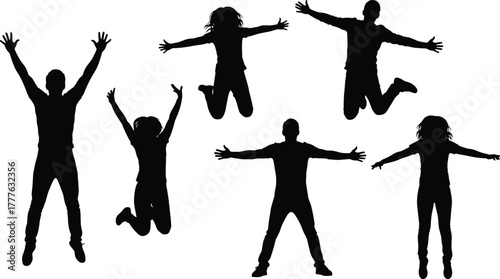 Silhouette vector illustration of people jumping in celebration, joyful poses, energetic movement, freedom, happiness, lifestyle, fitness, dance, party, and success