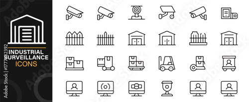 Industrial security and monitoring icons set in minimal vector outline style