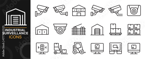 Line art collection of warehouse CCTV and factory protection equipment