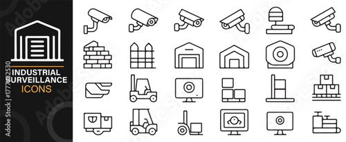 Modern vector icons of industrial surveillance and security monitoring systems