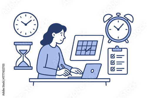 Woman Working on Laptop with Clocks, Calendar, and Checklist Representing Time Management