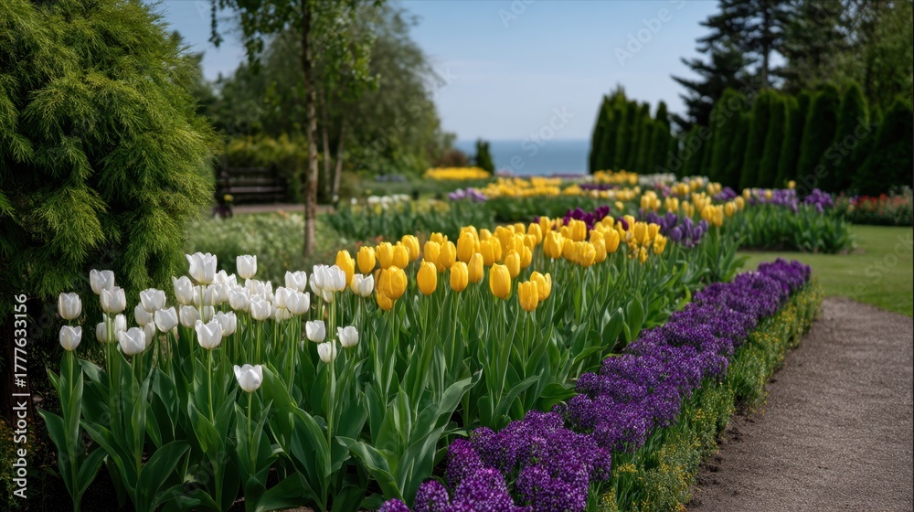 Fototapeta premium Intricate Arrangement of Fragrant Tulips in Geometric Beds with Colorful Blooms