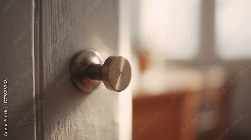 Obraz premium Close-up of a door knob on a white door. the knob is round and has a smooth, polished finish. it is attached to the door with a round base and a round knob on top.