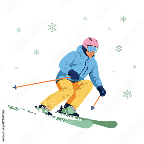 A person skiing down a snowy mountain slope with falling snowflakes.