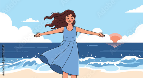 A woman in a blue dress standing on a beach with her arms outstretched enjoying the ocean breeze