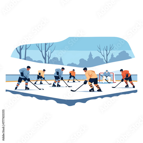 A group of men playing a friendly game of ice hockey on a frozen outdoor rink during winter.