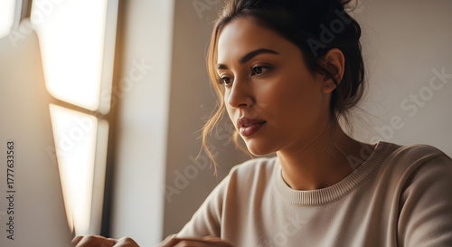Portrait of a focused young woman working on a laptop computer at home, concentrating on the screen