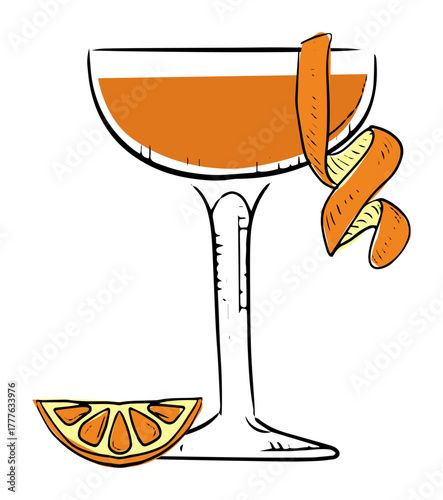 Artistic illustration of a classic cocktail glass with an orange twist, capturing a vibrant drink scene.